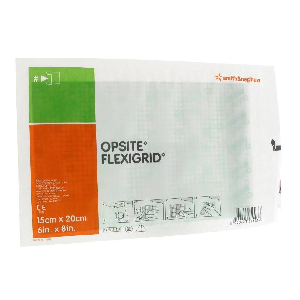 Emballage Smith & Nephew OPSITE FLEXIGRID. Dimensions 15 x 20 cm. Marquage CE. Instructions et code-barres visibles.