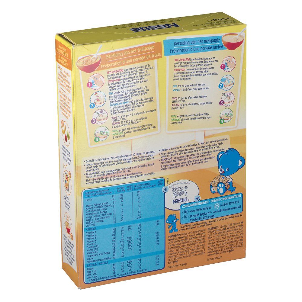 Dos de la boîte Cerelac Farine Biscuitée. Fond jaune avec instructions de préparation et informations nutritionnelles. Illustration d'un ours.