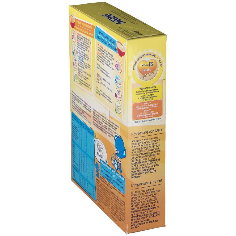 Côté de la boîte Cerelac Farine Biscuitée. Fond jaune avec informations nutritionnelles et informations. Illustration d'un ours.