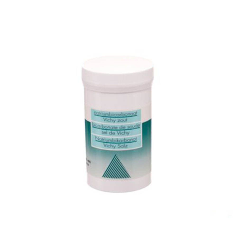 Pot blanc avec couvercle. Inscriptions : Natriumbicarbonaat, Vichy zout, Bicarbonate de soude, Sel de Vichy, Natriumbikarbonat, Vichy Salz.