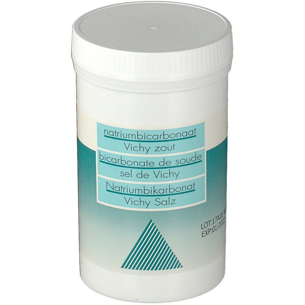 Boîte cylindrique blanche avec couvercle. Inscriptions : Natriumbicarbonaat, Vichy zout, Bicarbonate de soude, Sel de Vichy, Natriumbikarbonat, Vichy Salz.
