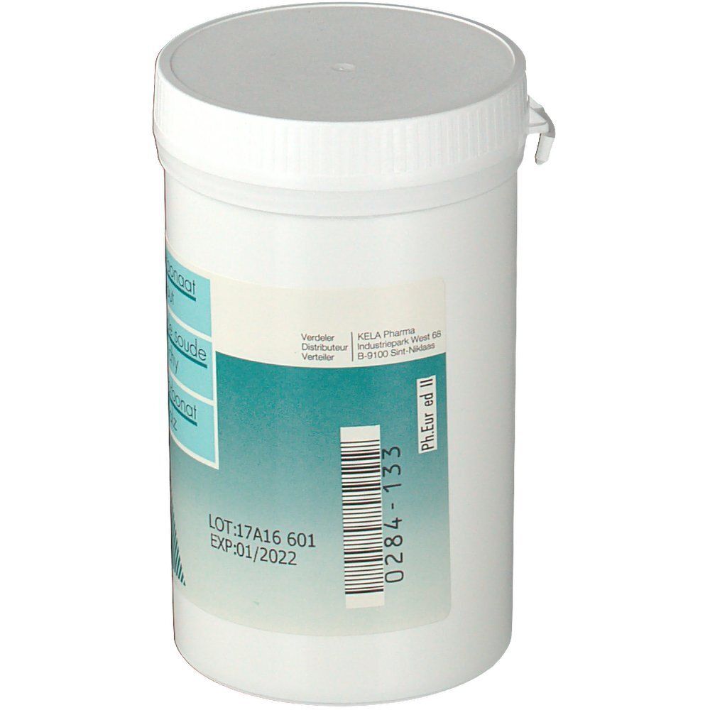 Dos du pot. Code-barres et informations. Inscriptions : KELA Pharma, Ph. Eur. ed II, LOT:17A16 601, EXP:01/2022.