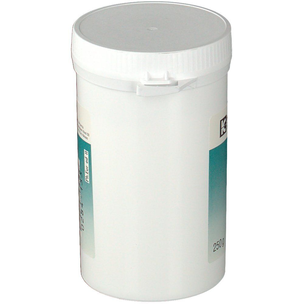 Pot blanc avec couvercle. Inscription : KELA Pharma, 250 g. Couvercle avec fermeture.