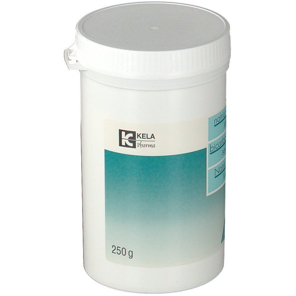 Pot blanc avec couvercle. Inscription : KELA Pharma, 250 g. Étiquette avec informations produit.