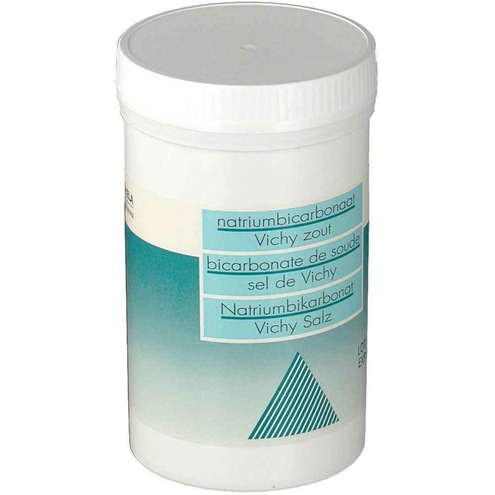 Pot blanc avec couvercle. Inscriptions : Natriumbicarbonaat, Vichy zout, Bicarbonate de soude, Sel de Vichy, Natriumbikarbonat, Vichy Salz.