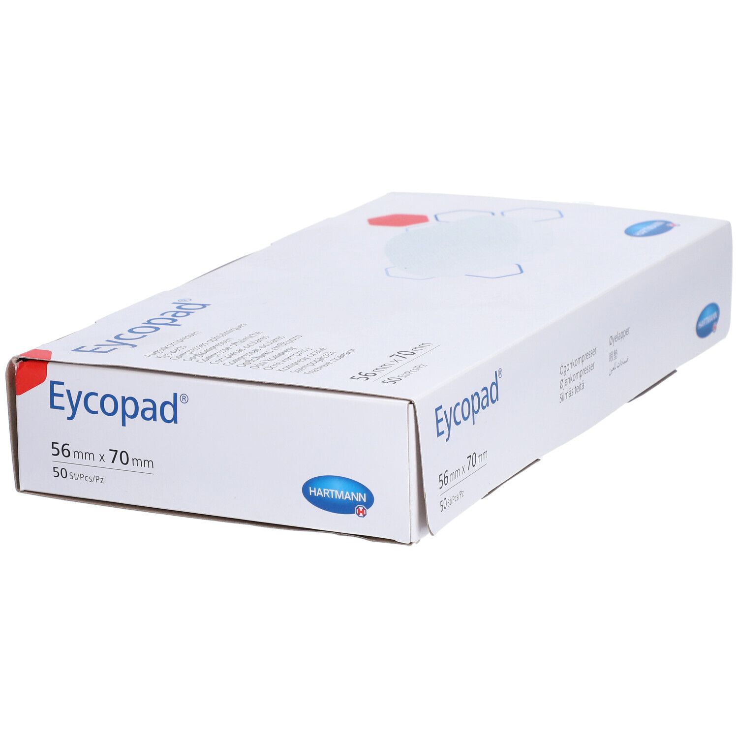 Boîte blanche Eycopad®, 56cm x 70cm. Logo Hartmann. Accents rouges et bleus.