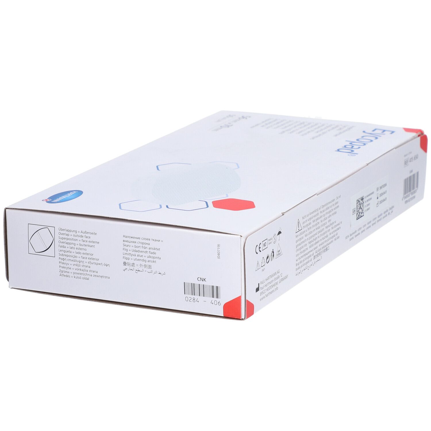 Vue latérale de la boîte Eycopad®. Nom du produit, taille 56x70cm, marquage CE. Boîte blanche.