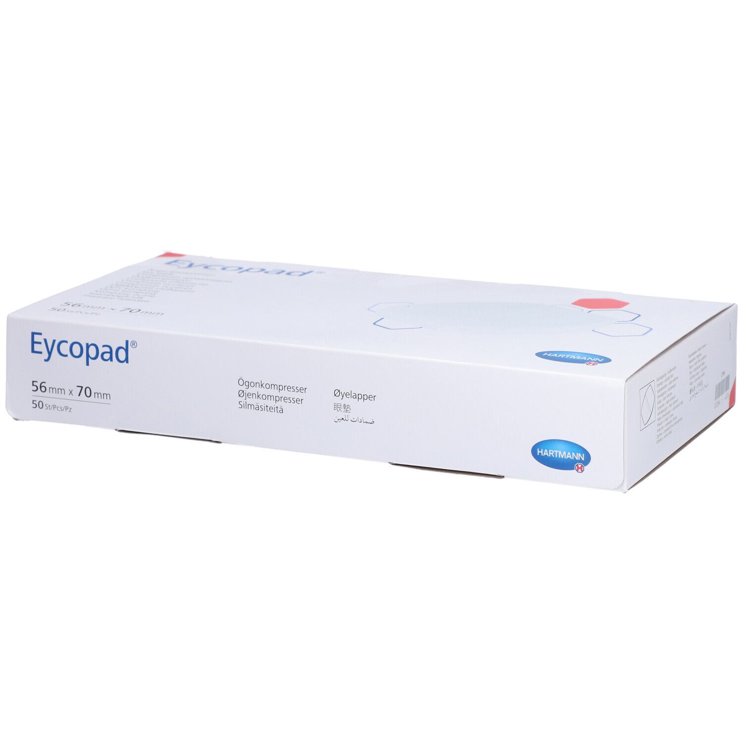 Boîte Eycopad®. Nom du produit, taille 56x70cm, logo Hartmann. Boîte blanche.