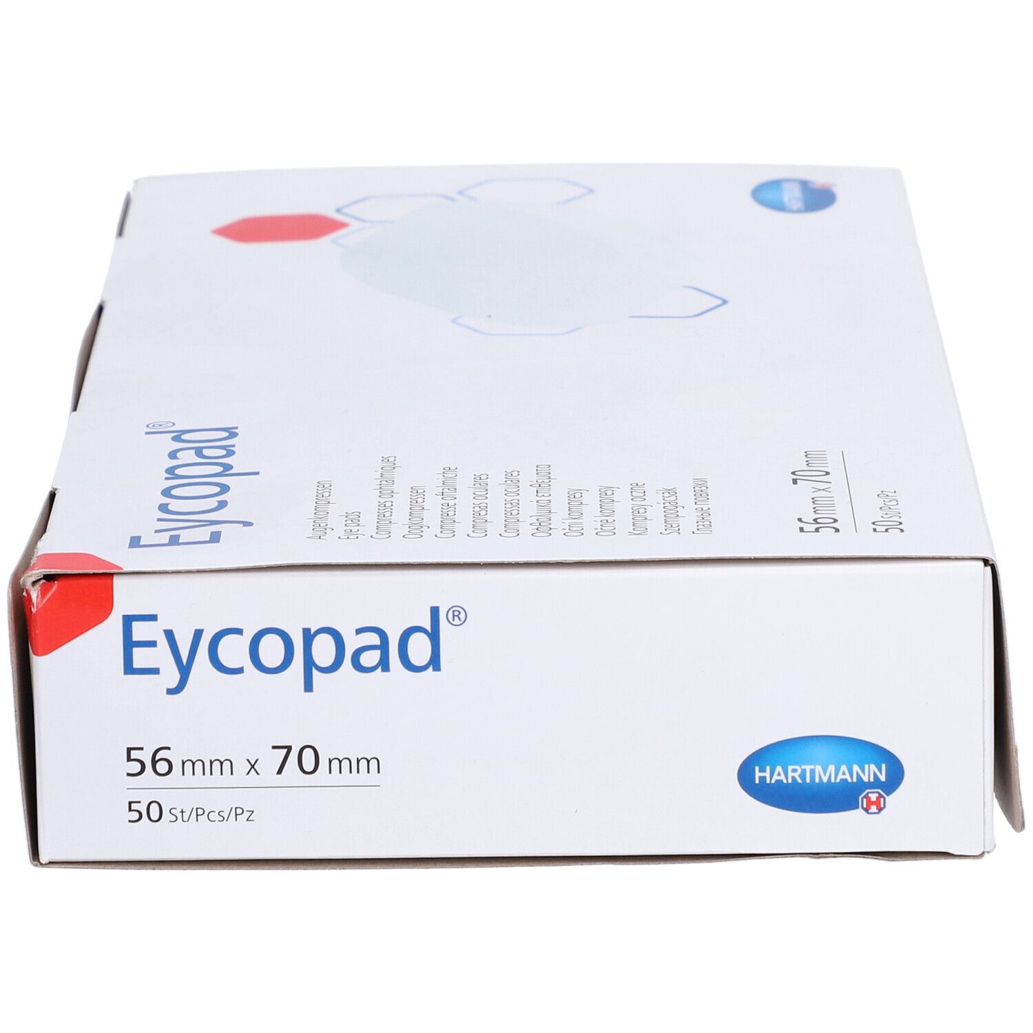 Boîte Eycopad®, vue de dessus. Nom du produit, taille 56x70cm, logo Hartmann. Boîte blanche.