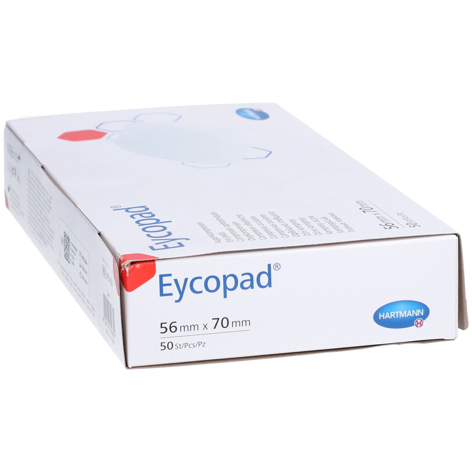 Boîte Eycopad®, vue de dessus. Nom du produit, taille 56x70cm, logo Hartmann. Boîte blanche.