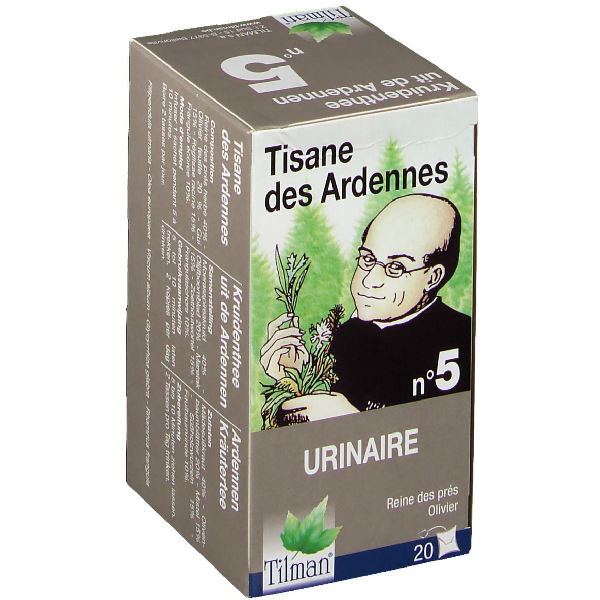 Tisane des Ardennes n°5 Urinaire. Boîte avec illustration d'un homme et des herbes. Marque Tilman.