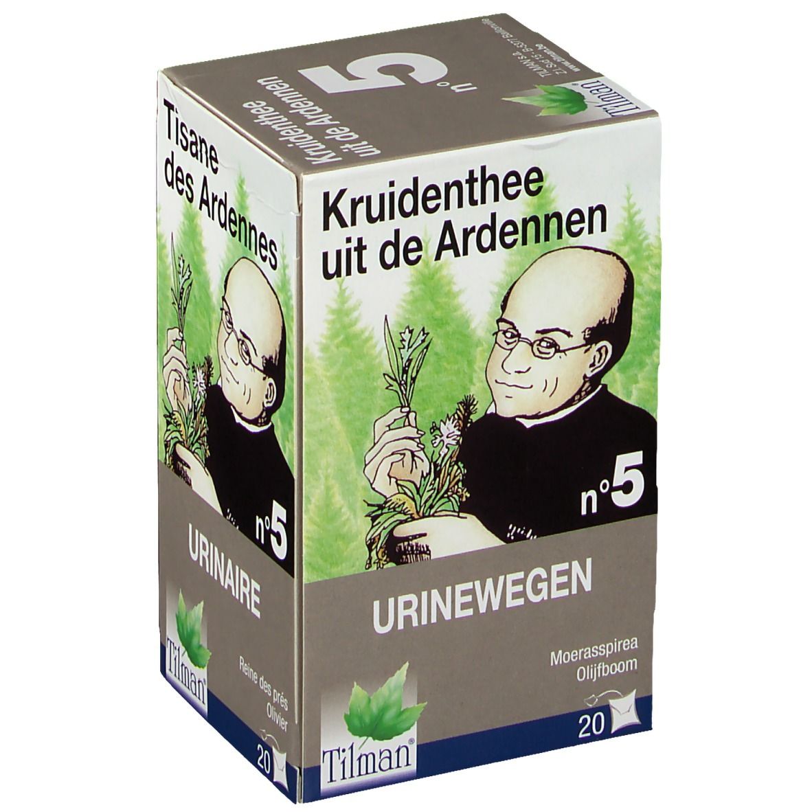 Tisane des Ardennes n°5 Urinaire. Boîte avec illustration d'un homme et des herbes. Marque Tilman.