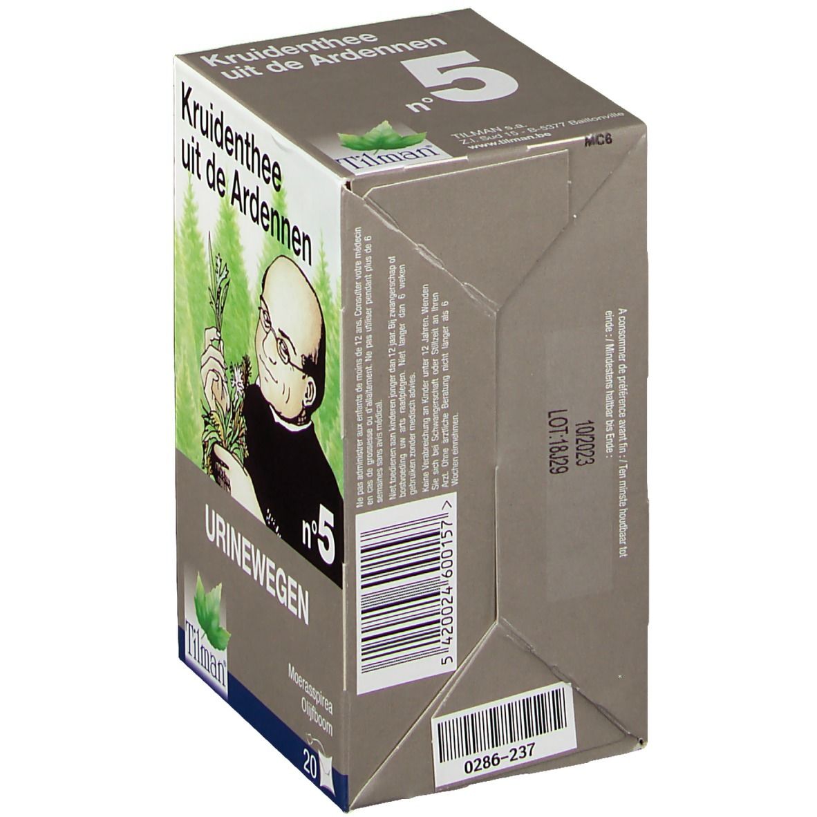 Tisane des Ardennes n°5 Urinaire. Boîte avec liste des ingrédients. Marque Tilman. 20 sachets.