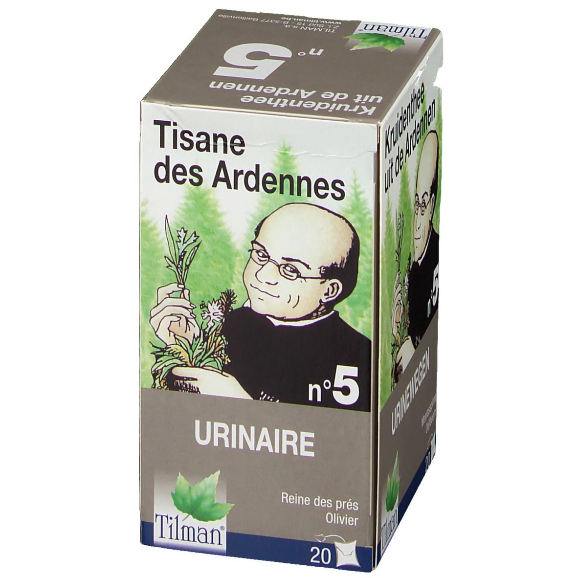 Tisane des Ardennes n°5 Urinaire. Boîte avec illustration d'un homme et des herbes. Marque Tilman. 20 sachets.