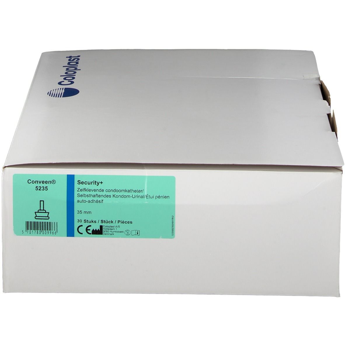 Boîte blanche avec étiquette verte. Conveen® Security+ 5235, 35 mm, 30 pièces. Logo Coloplast en haut à gauche.