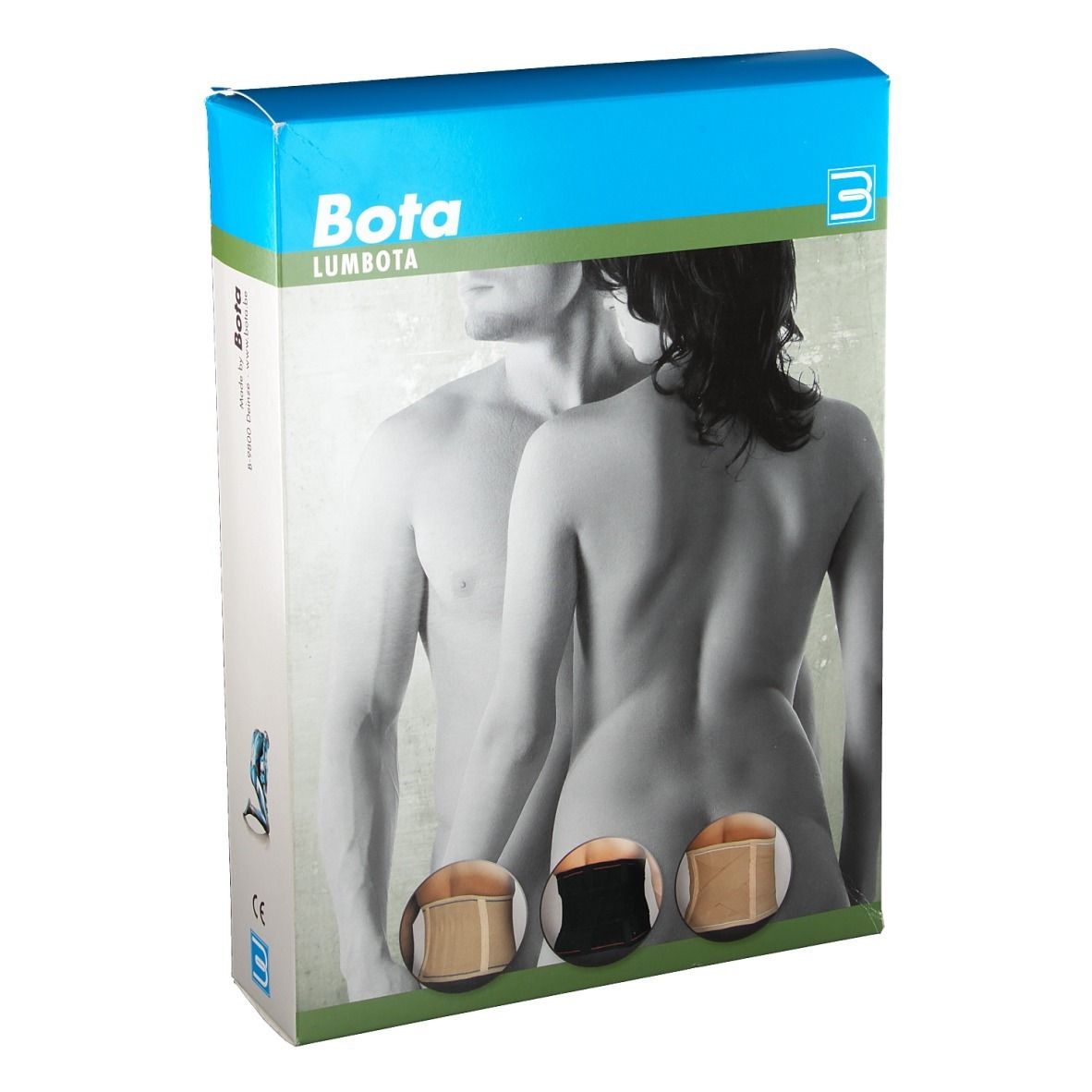 Emballage Bota Lumbota. Nom du produit et illustration de personnes. Trois couleurs de produit représentées.