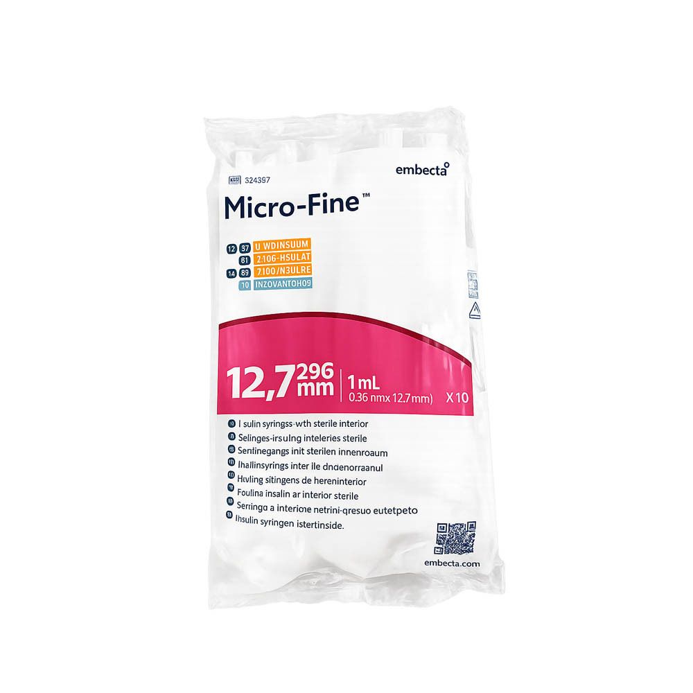 Emballage de seringues. Inscription: Micro-Fine, 1 ml, 12,7 mm x 0,36 mm. Contient 10 seringues.