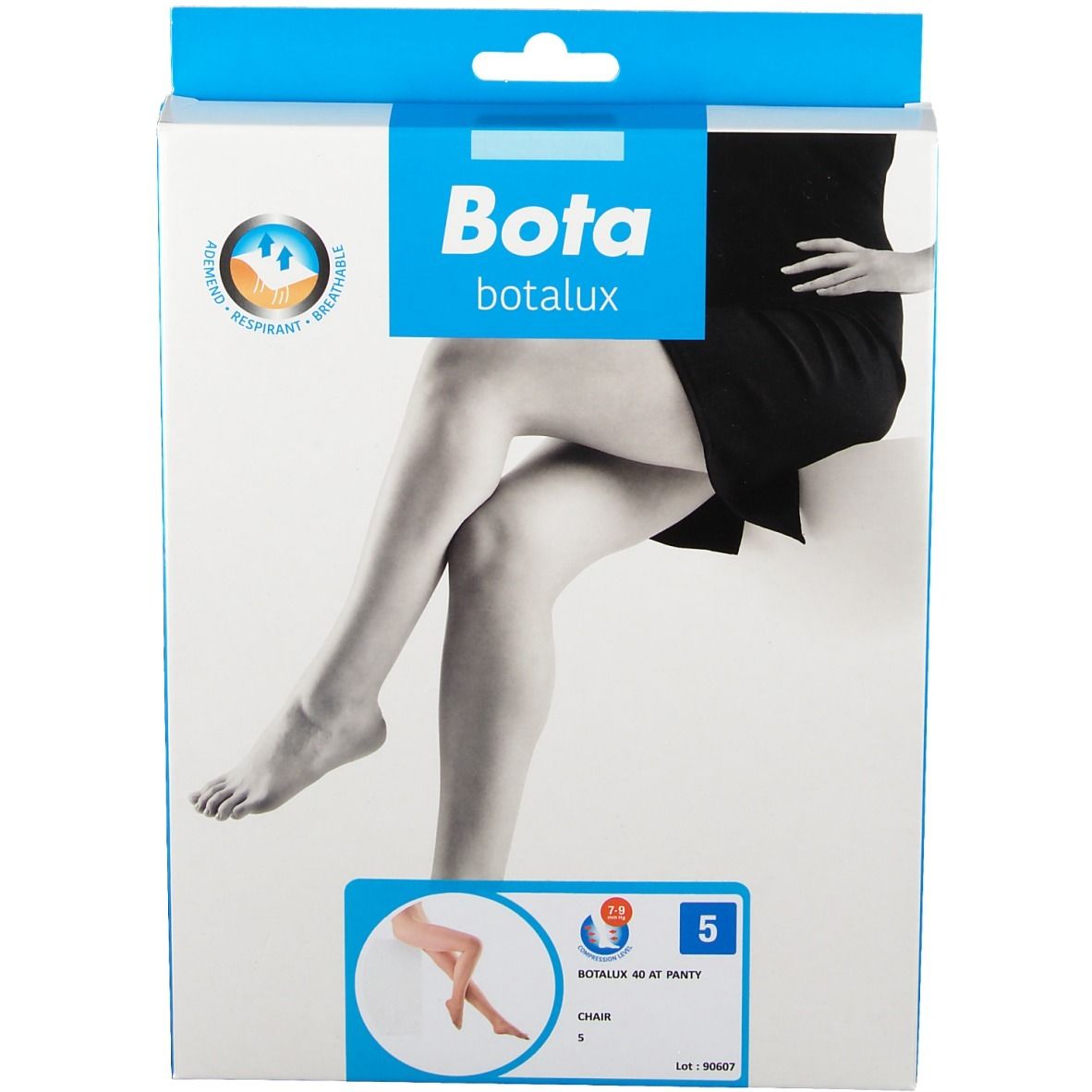 Emballage de collants Bota botalux 40 Deniers. Femme portant des collants sur l'emballage. Taille 5.