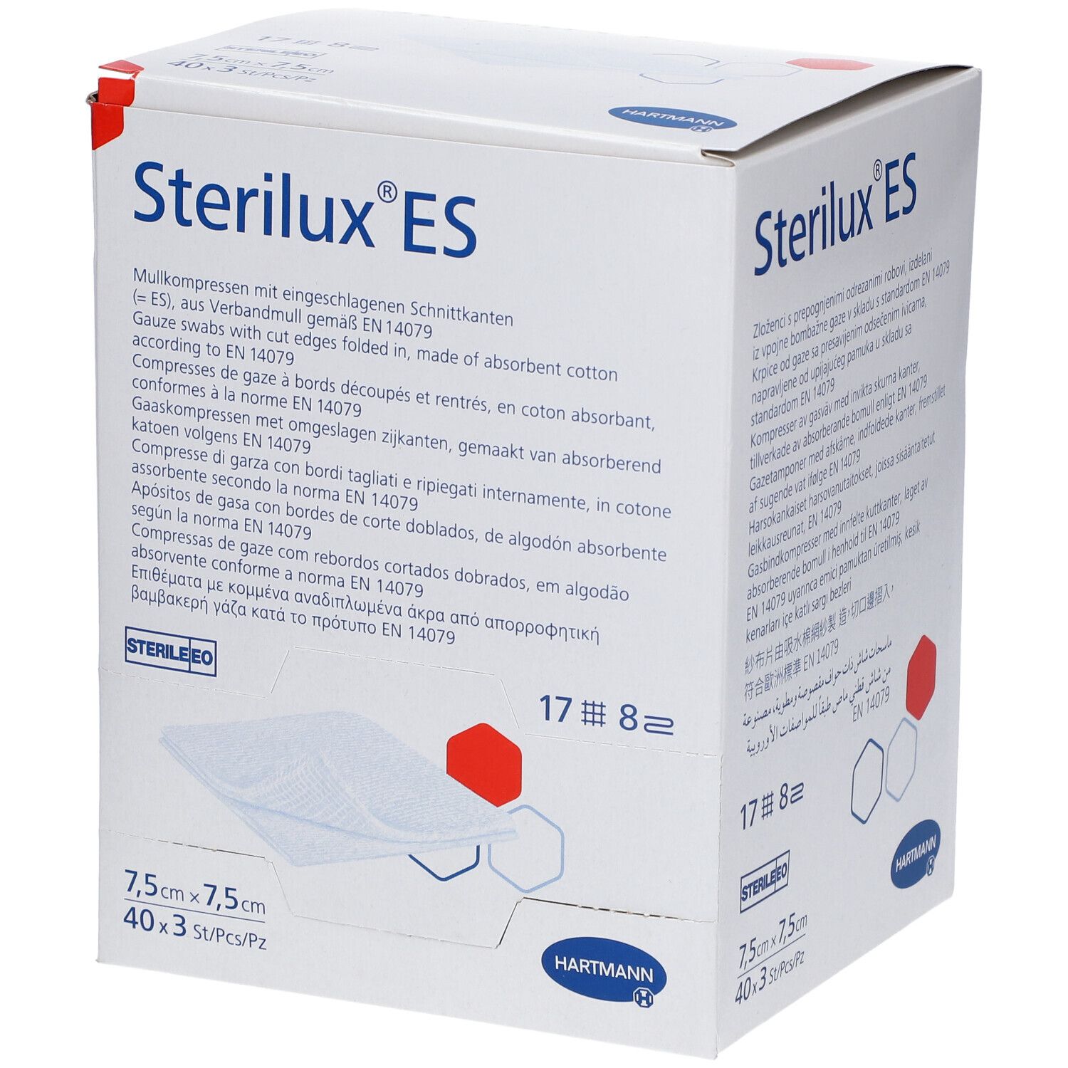Boîte de Sterilux ES. Contient 40 compresses stériles de 7,5x7,5cm. Marque Hartmann. Avec certification.