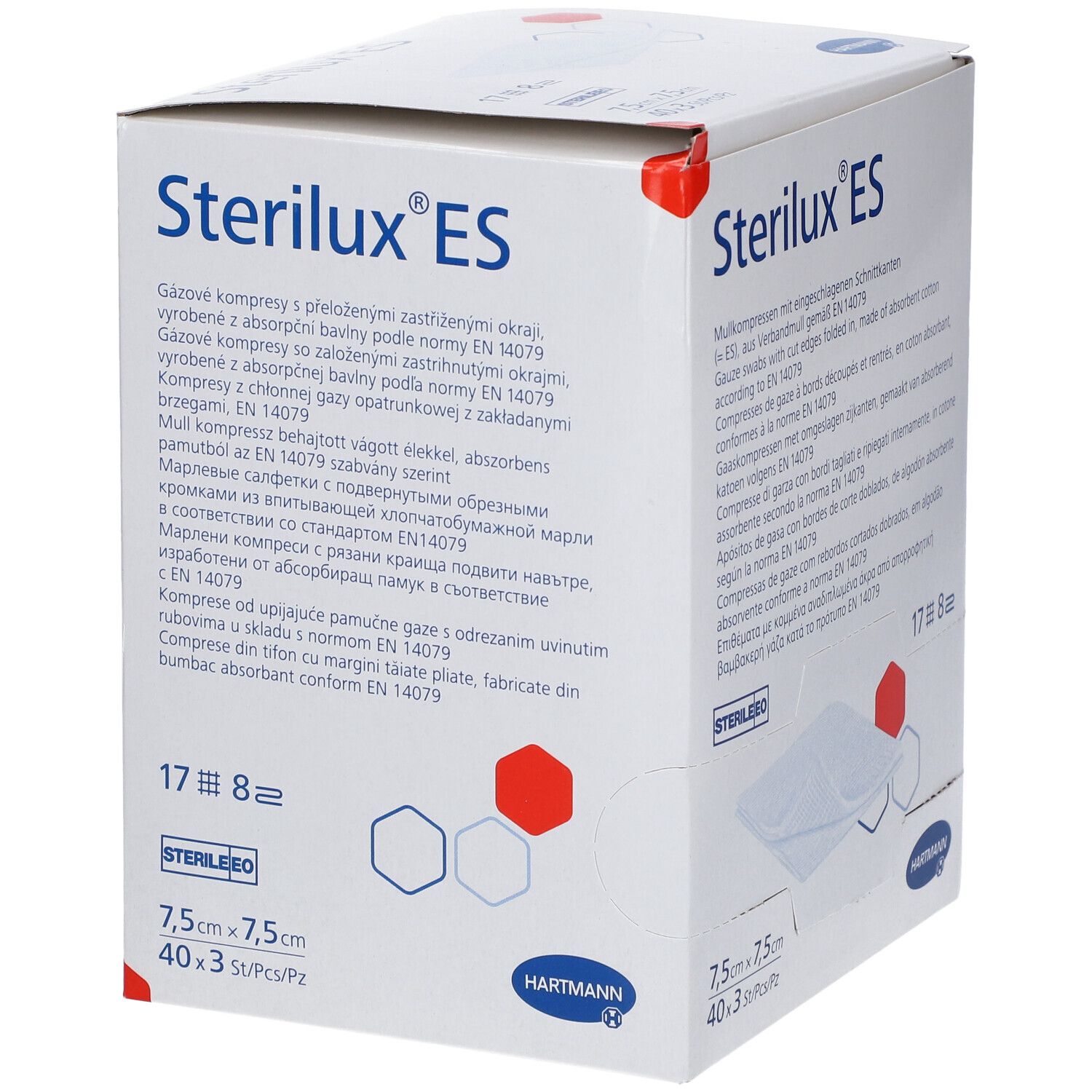 Boîte de Sterilux ES. Contient 40 compresses stériles de 7,5x7,5cm. Marque Hartmann. Avec certification.