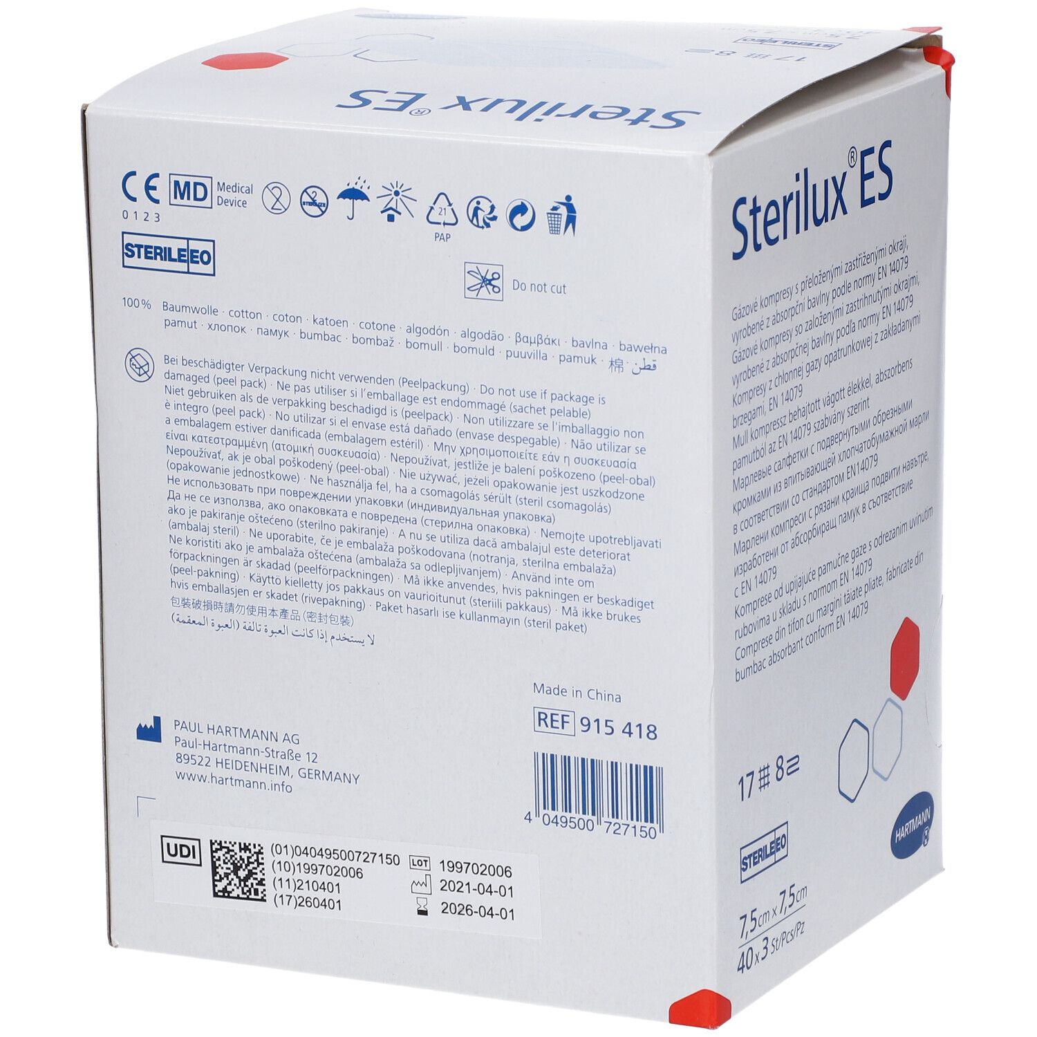 Dos de la boîte Sterilux ES. Contient des informations, l'adresse du fabricant, le numéro de lot et la date de péremption.