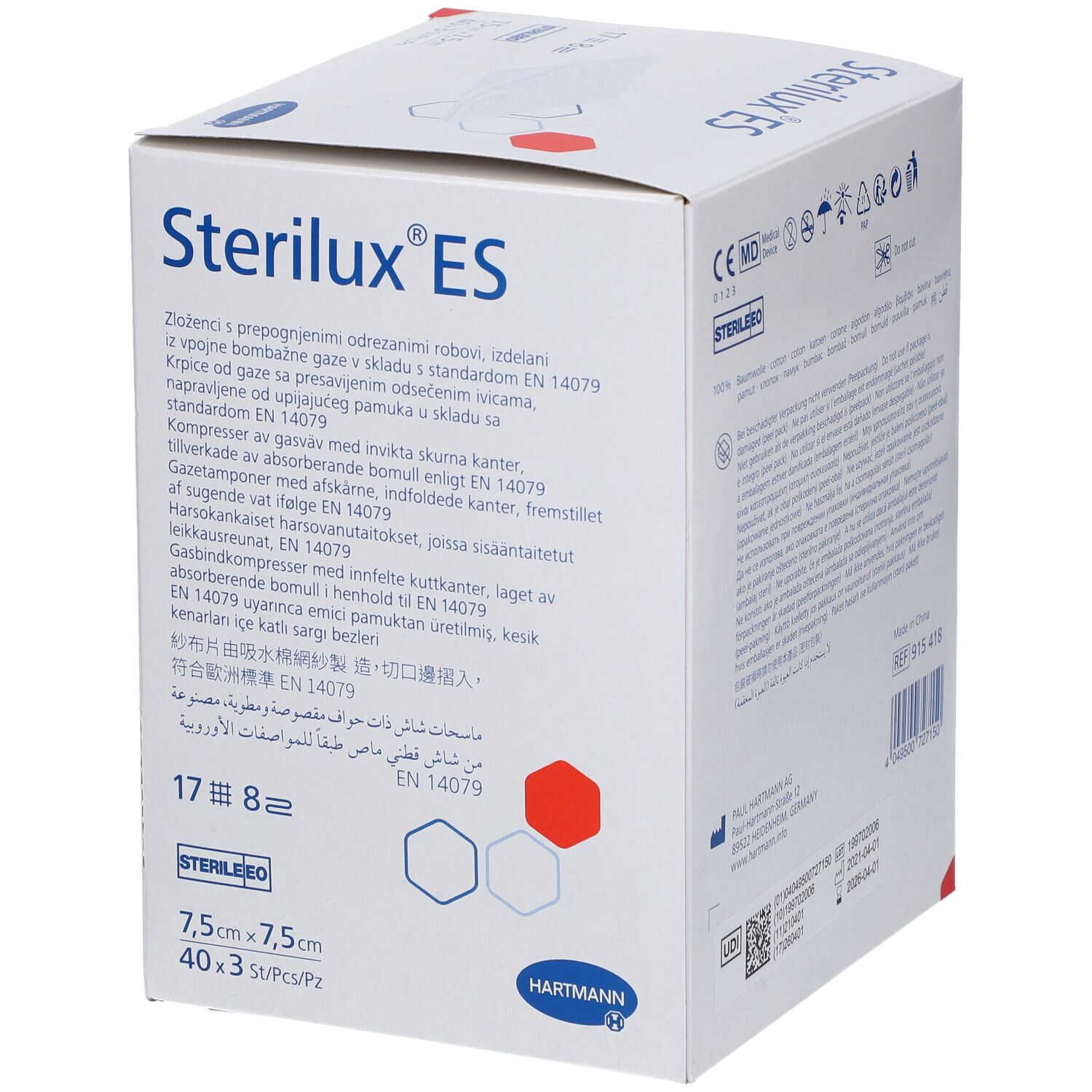 Boîte de Sterilux ES. Contient 40 compresses stériles de 7,5x7,5cm. Marque Hartmann. Avec certification.