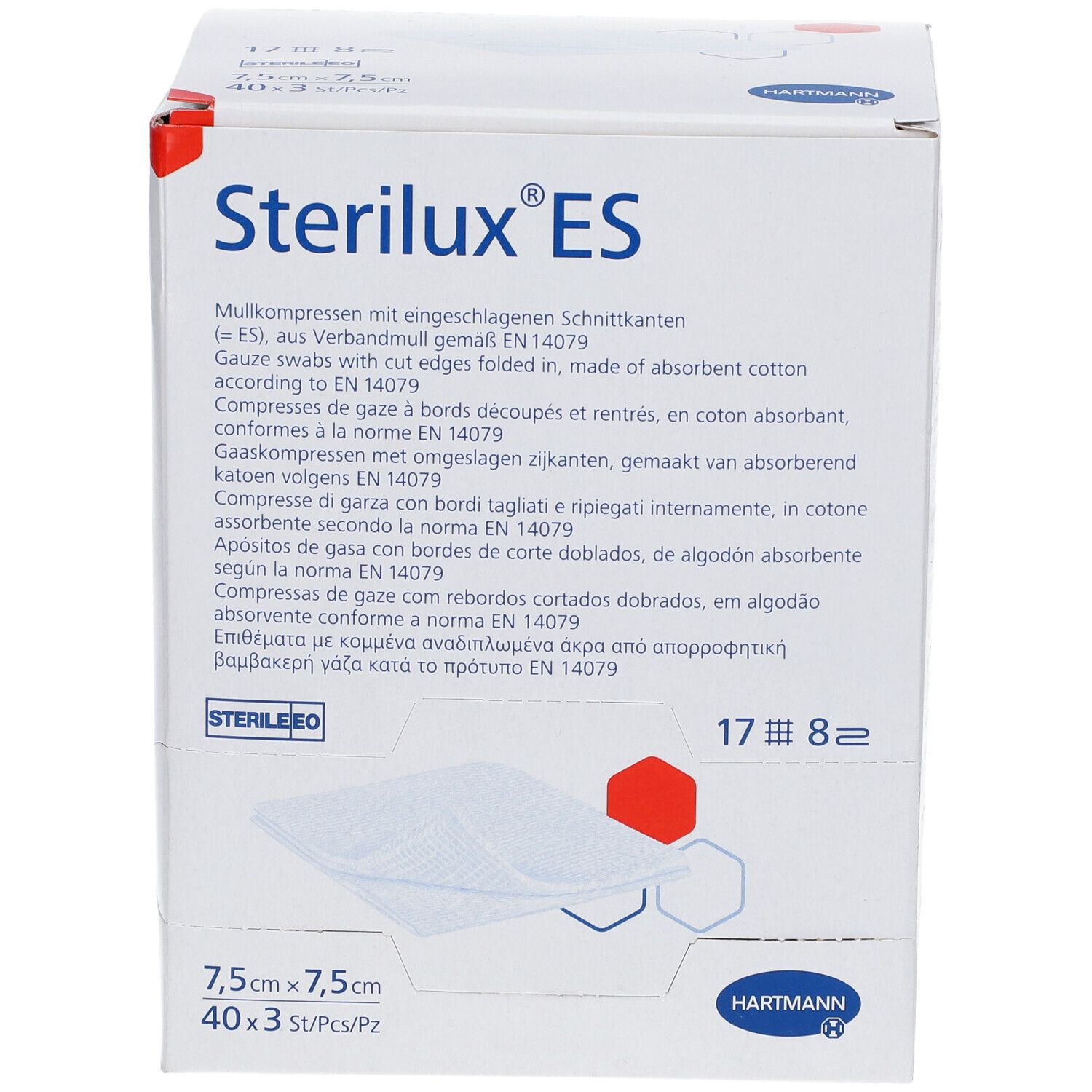 Boîte de Sterilux ES. Contient 40 compresses stériles de 7,5x7,5cm. Marque Hartmann. Avec certification.
