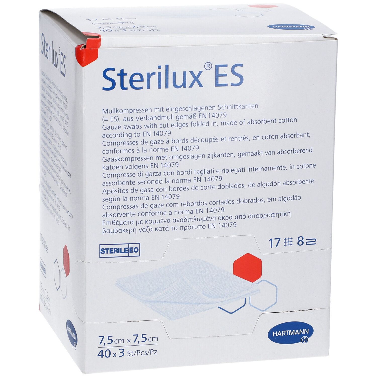Boîte de Sterilux ES. Contient 40 compresses stériles de 7,5x7,5cm. Marque Hartmann. Avec certification.