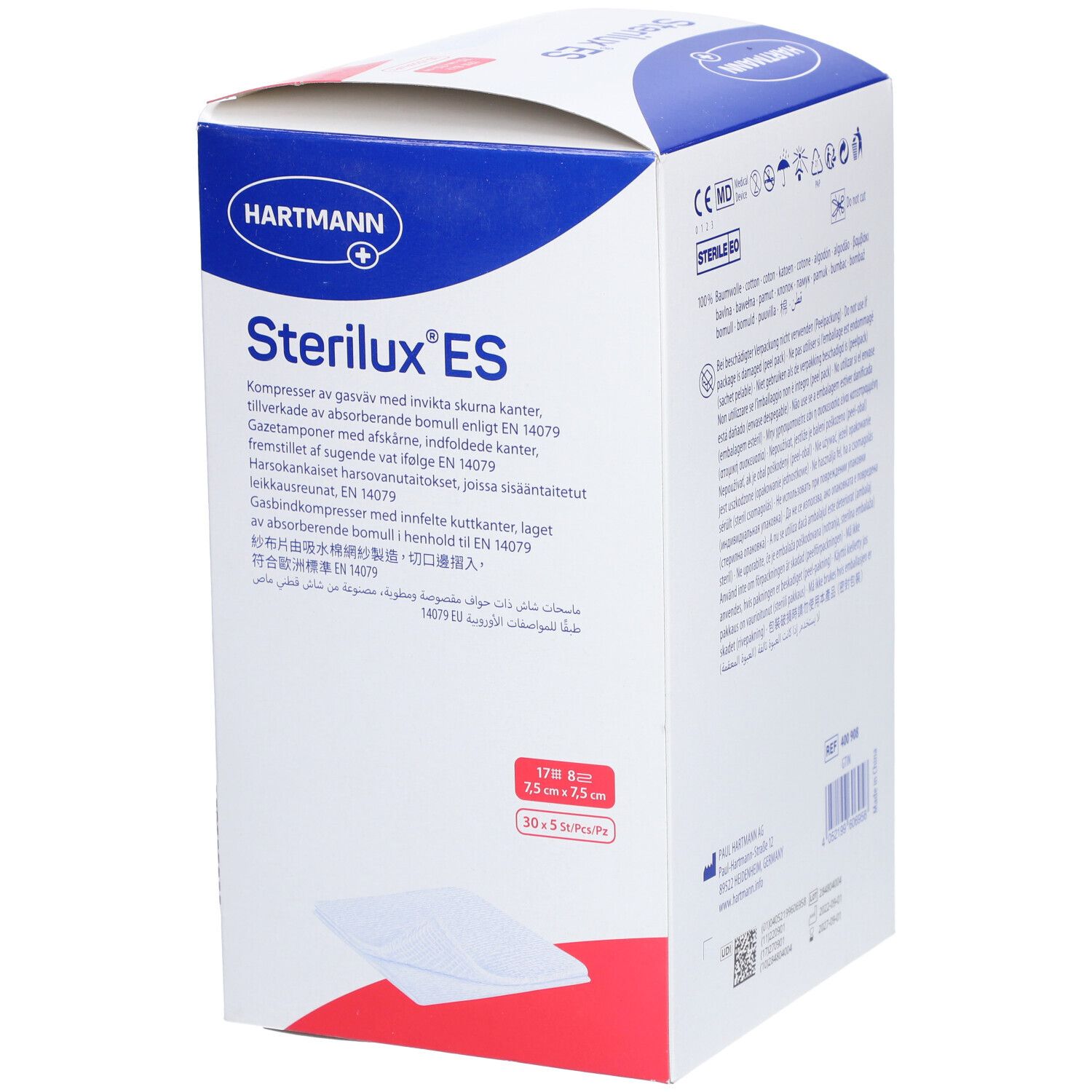Emballage de Sterilux® ES. Boîte blanche avec design bleu. Contient 30 compresses de 2,5 x 2,5 cm.