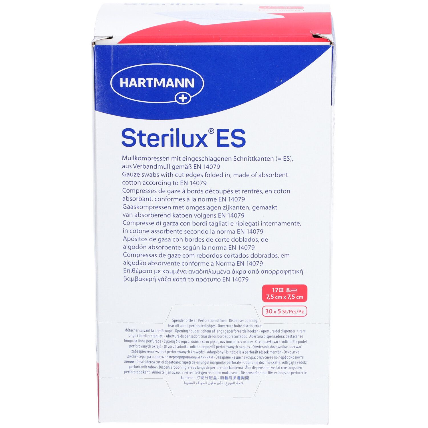 Emballage de Sterilux® ES. Boîte blanche avec design rouge et bleu. Contient 30 compresses de 7,5 x 7,5 cm.