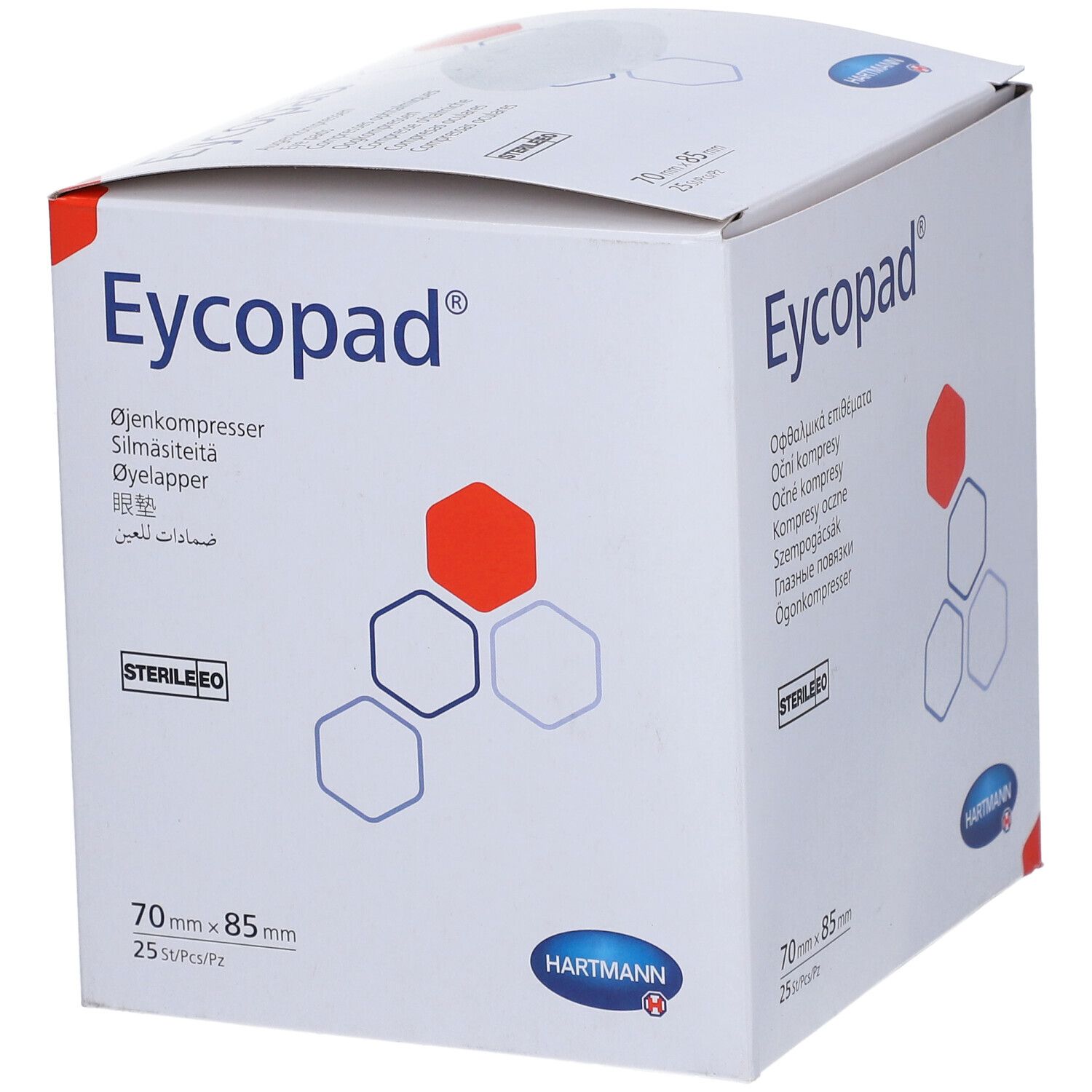 Emballage Eycopad. Boîte blanche avec nom et logo du produit. Dimensions 70mm x 85mm. Stérile.