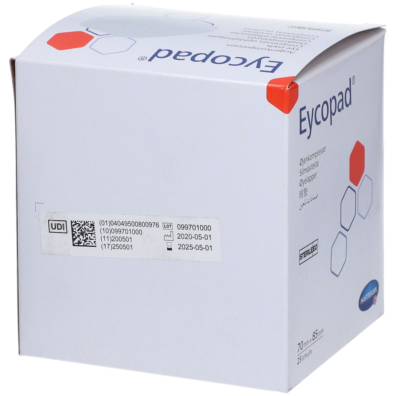 Emballage Eycopad. Boîte blanche avec nom et logo du produit. Dimensions 70mm x 85mm. Stérile.