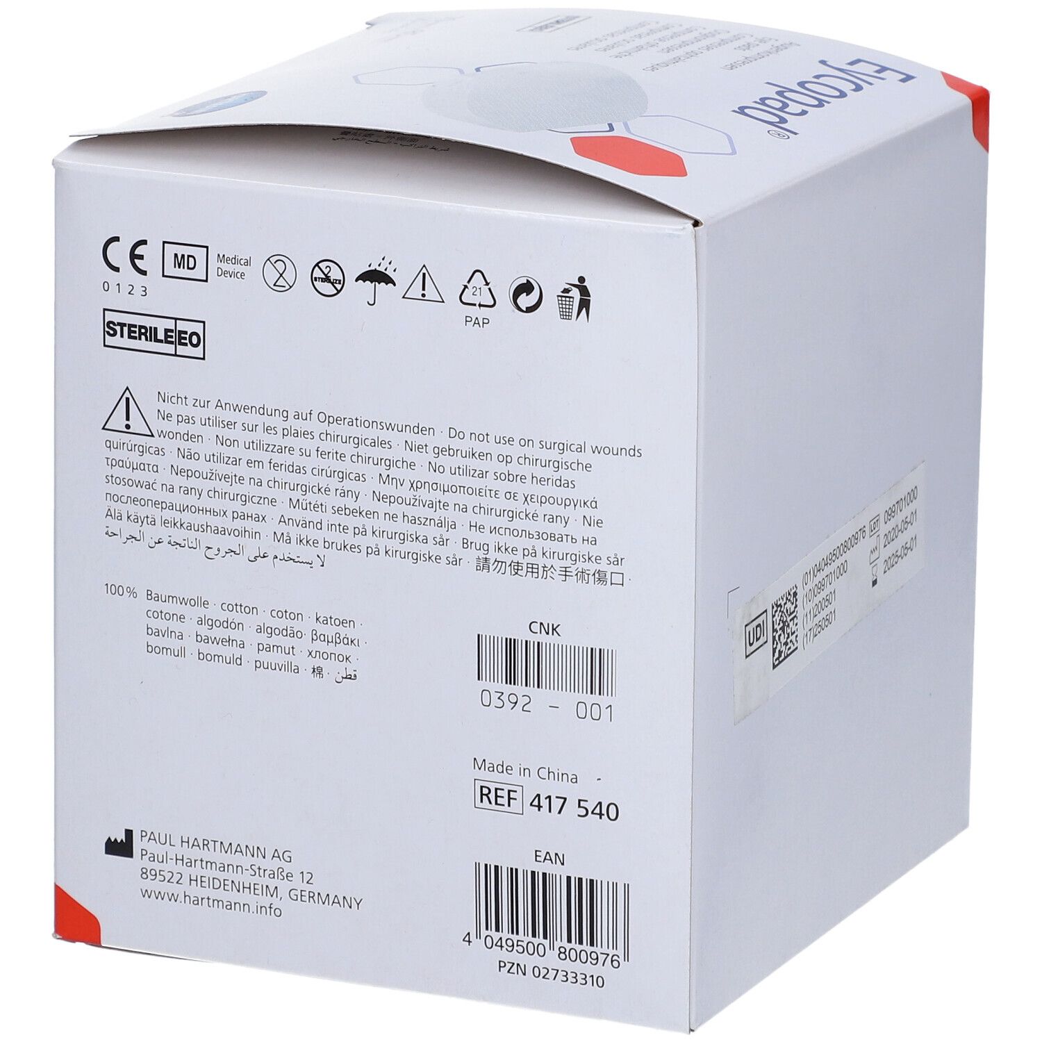 Dos de l'emballage Eycopad. Boîte blanche avec texte et symboles. REF 417 540. Stérile.