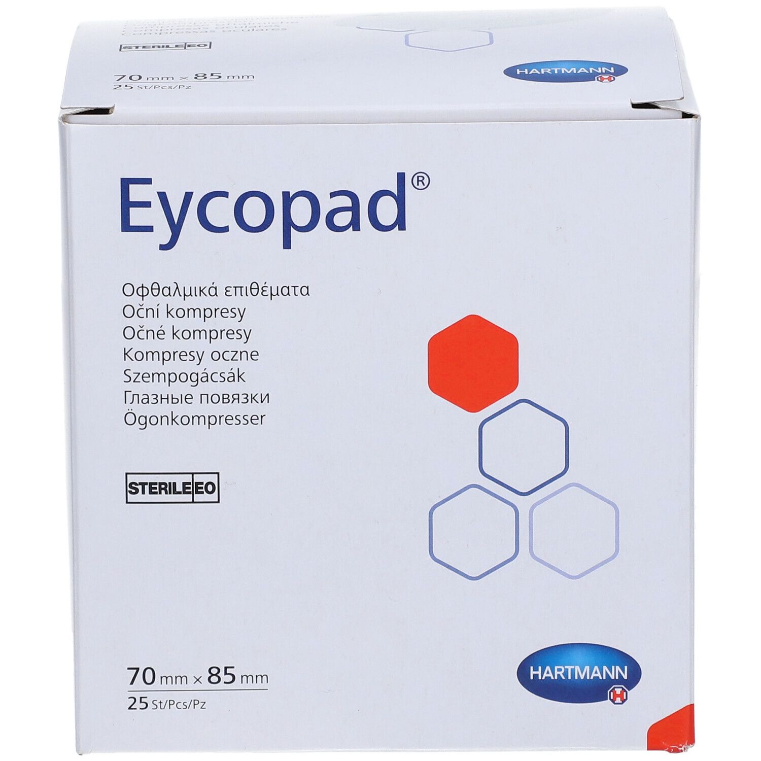 Boîte Eycopad. Boîte blanche avec nom et logo du produit. Dimensions 70mm x 85mm. Stérile.