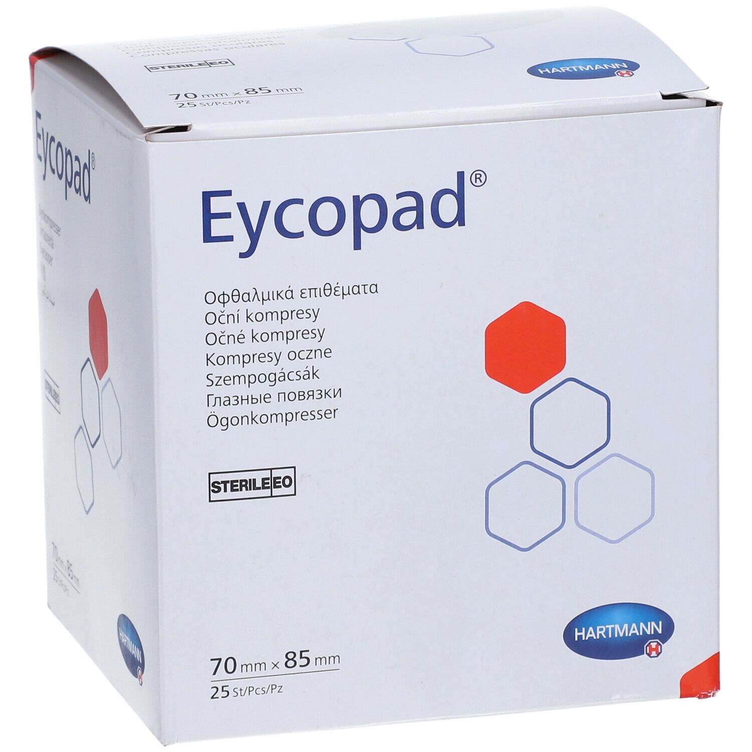 Boîte Eycopad. Boîte blanche avec nom et logo du produit. Dimensions 70mm x 85mm. Stérile.