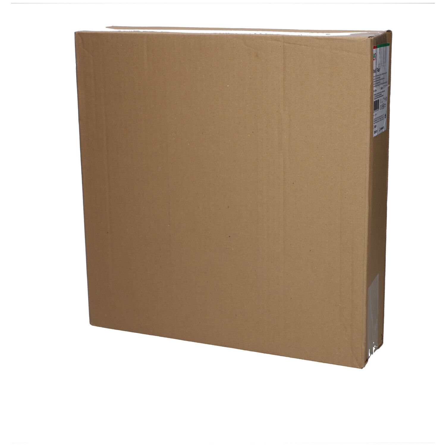Emballage en carton brun, rectangulaire. Partiellement enveloppé de film. Aucun autre détail visible.