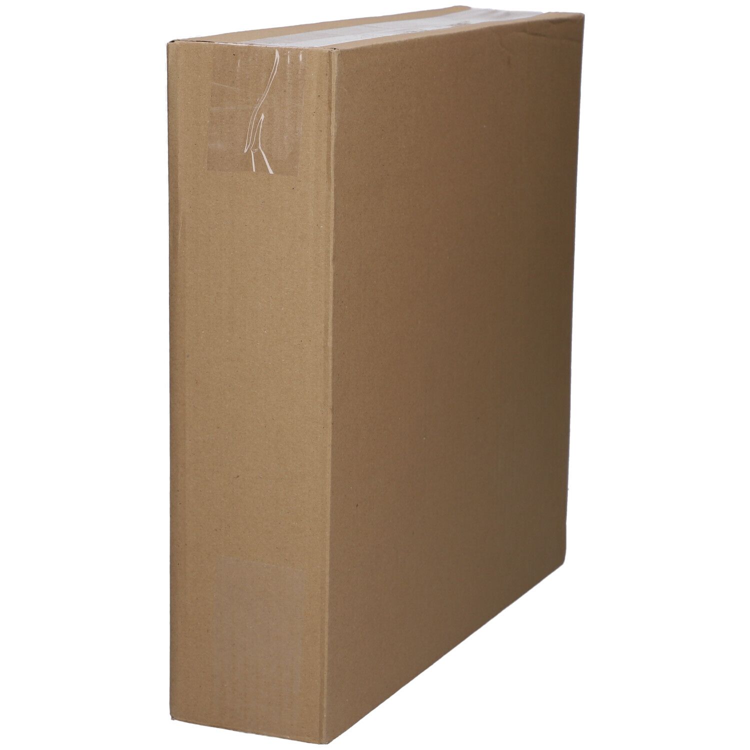 Emballage en carton brun, rectangulaire. Partiellement enveloppé de film. Aucun autre détail visible.