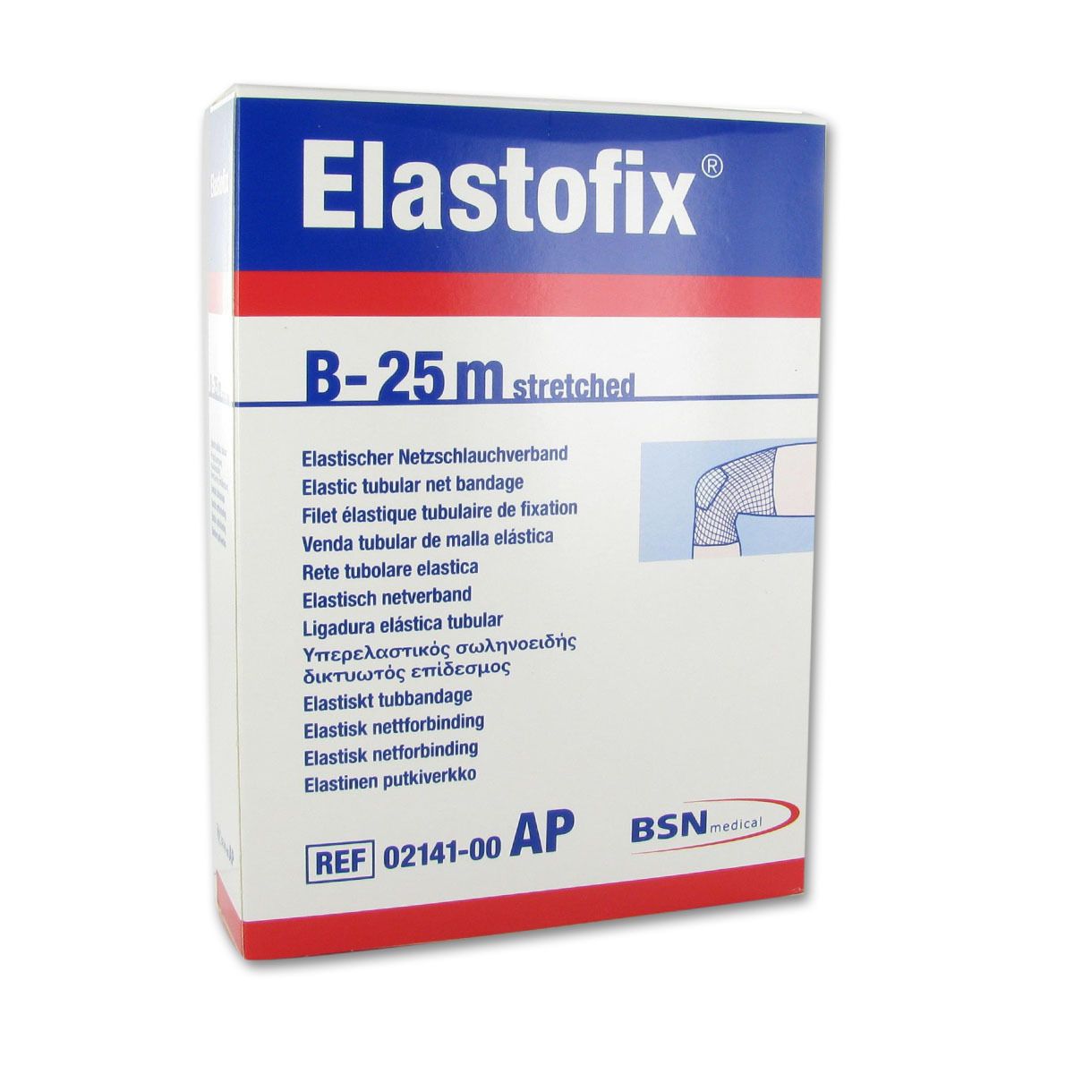 Emballage Elastofix. Inscription bleue Elastofix, B-25 m stretched. Illustration du produit.