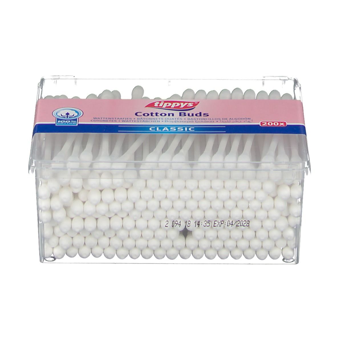Boîte transparente de cotons-tiges. Bande rose avec "tippys Cotton Buds Classic" et 200x. Bâtonnets avec coton visibles.