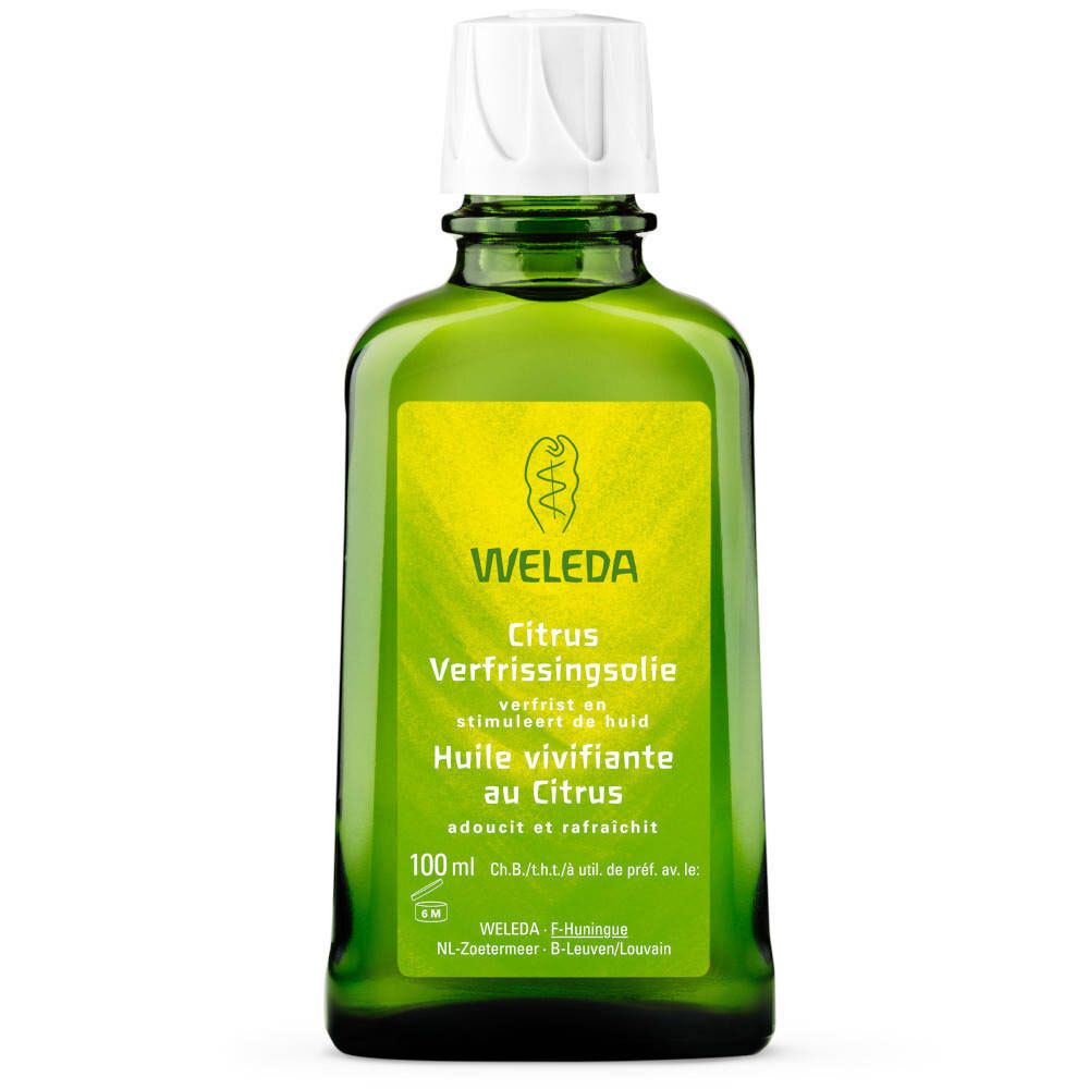 Flacon en verre vert avec bouchon blanc. Étiquette avec "WELEDA" et nom du produit. Texte en allemand, français et néerlandais.