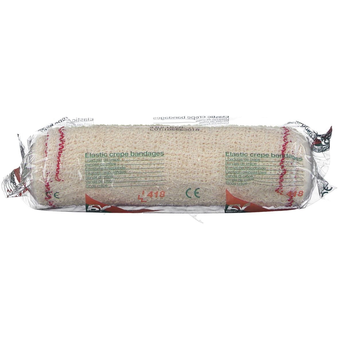 Bande de crêpe élastique dans un emballage transparent. Visible : marquage CE et nom du produit.