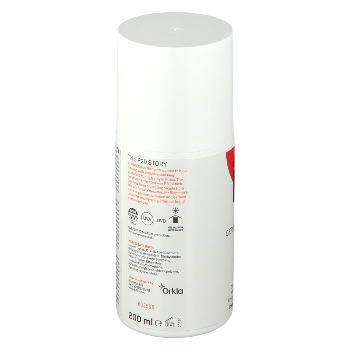 Flacon blanc avec texte. P20 écran solaire. Texte: Durable jusqu'à 10 heures, résistant à l'eau, formule légère unique.