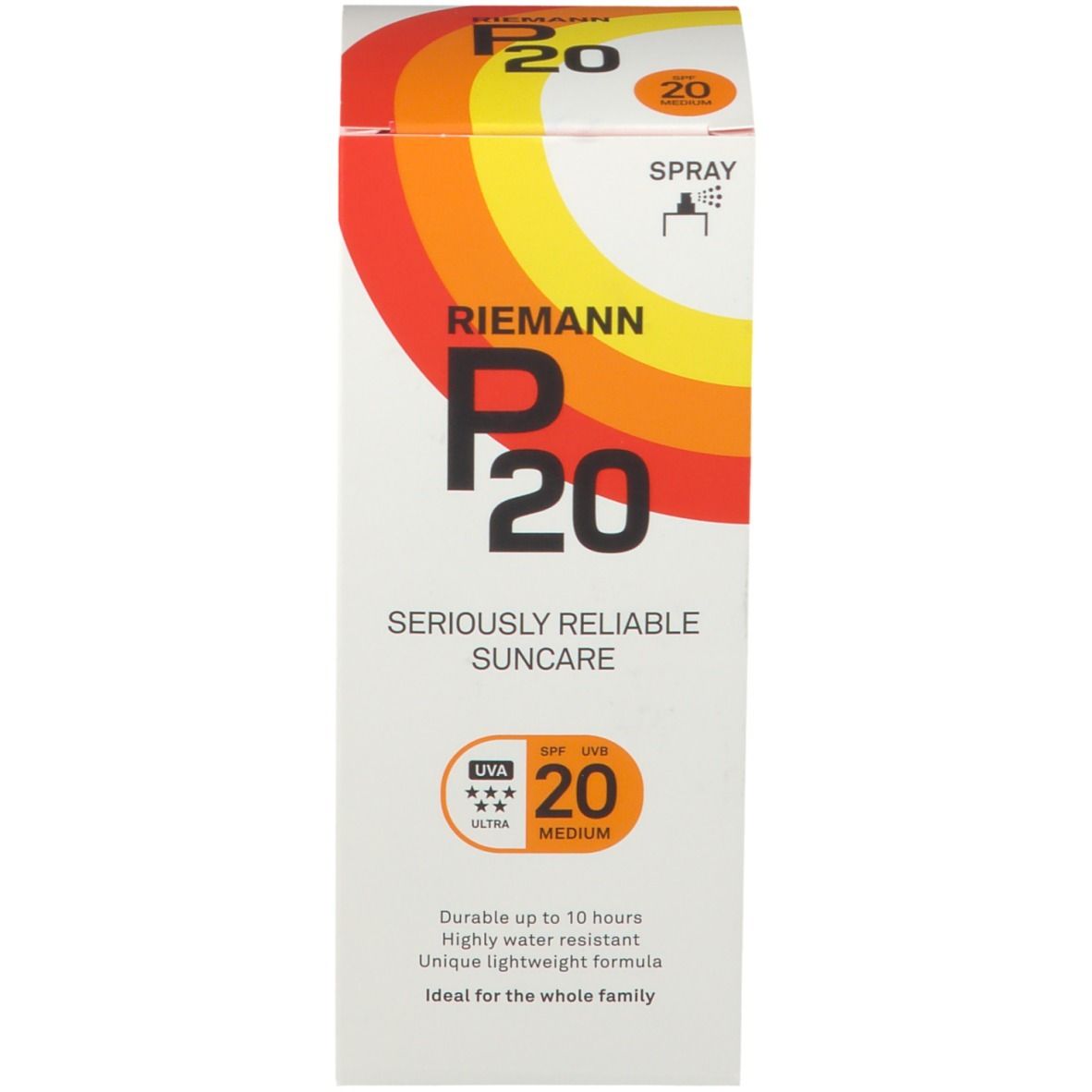 Emballage P20 écran solaire. SPF 20. Texte: Spray. Durable jusqu'à 10 heures, résistant à l'eau, formule légère unique.