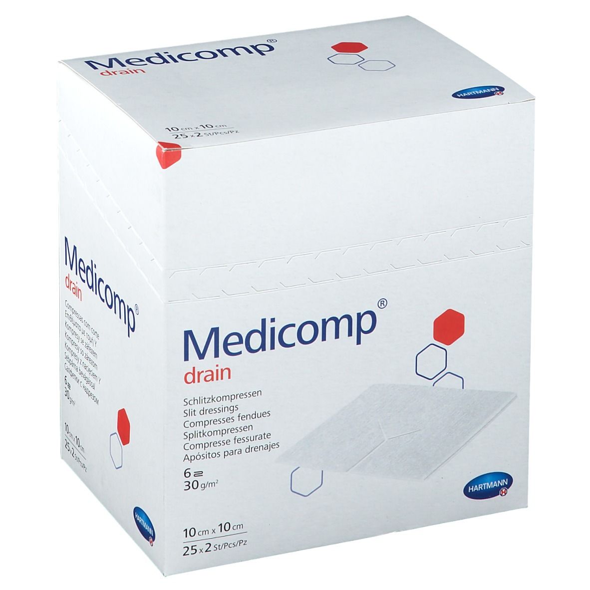 Boîte blanche avec logo "Medicomp drain". Contient des compresses. 10x10cm. Logo Hartmann en bas à droite.