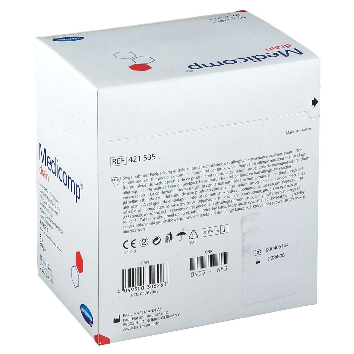 Dos de la boîte blanche avec logo "Medicomp drain". Contient des informations et des logos. Stérile.