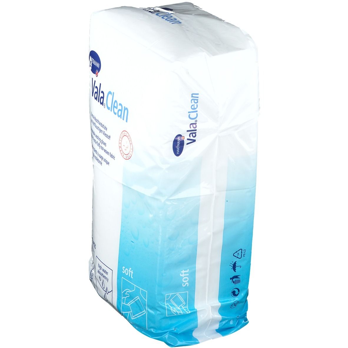 Gants de toilette Hartmann Vala.Clean en emballage. Tissu non tissé doux et absorbant. Accents bleus.