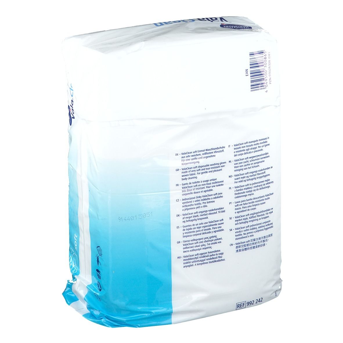 Dos de l'emballage Hartmann Vala.Clean. Texte multilingue. Tissu non tissé doux et absorbant.