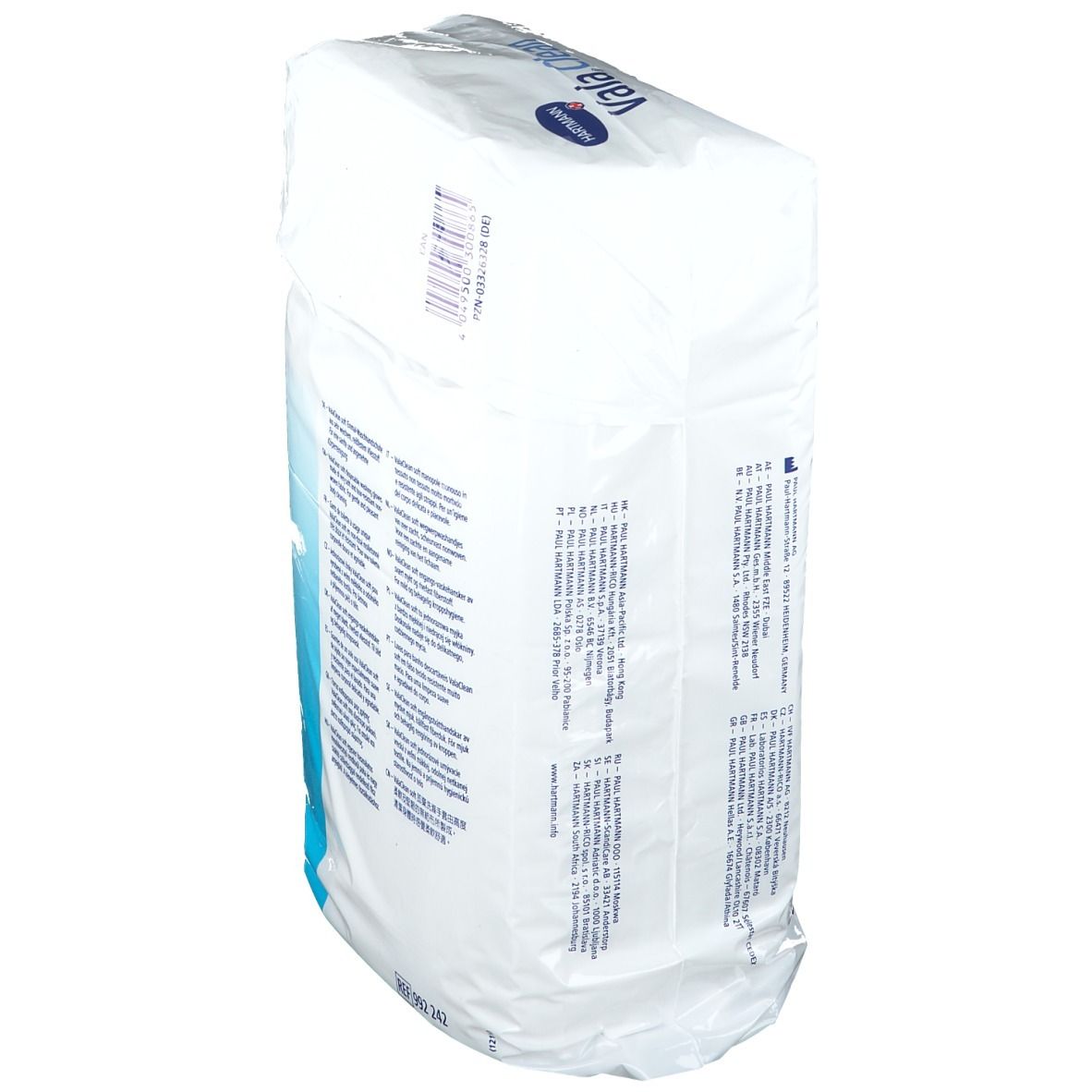 Emballage Hartmann Vala.Clean, dos. Texte multilingue. Tissu non tissé doux et absorbant.