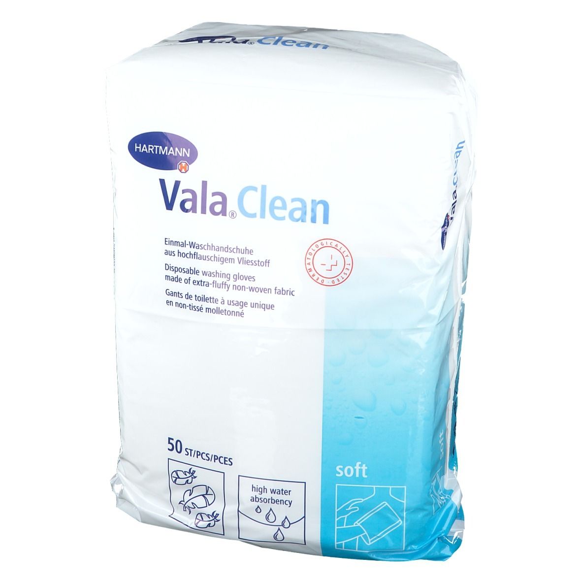 Gants de toilette Hartmann Vala.Clean en emballage. 50 pièces. Tissu non tissé doux et absorbant.