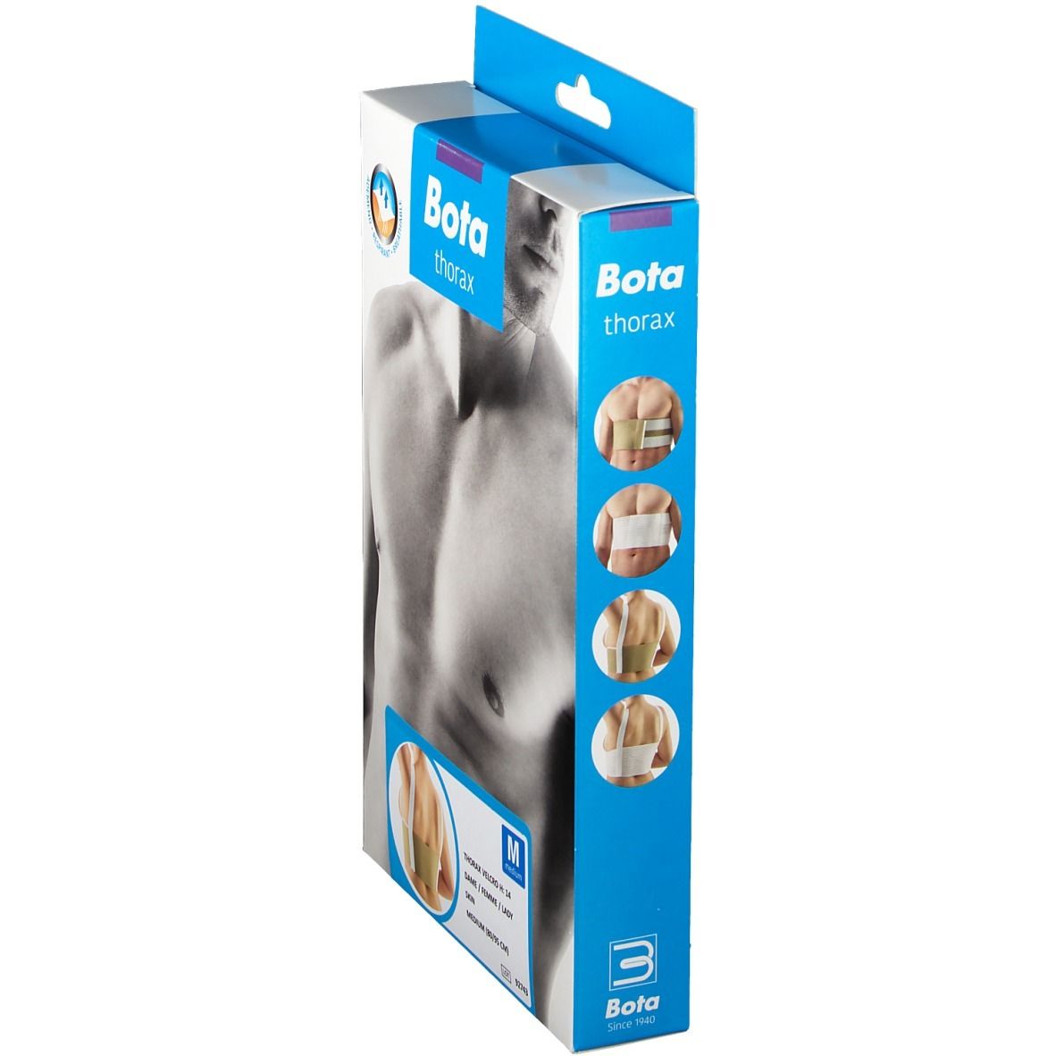 Emballage Bota Thoraxgurt, vue latérale. Inscription : Bota, Thorax. Illustrations du produit. Taille M.